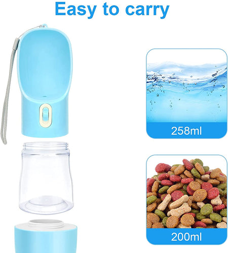 Portable Dog Water Bottle for Walking, Leak Proof Puppy Water Bottle with Food Container, Lightweight Pet Water Bottle for Hiking, Easy to Carry, BPA Free (Blue)