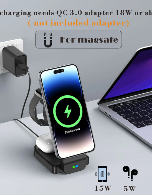 Load image into Gallery viewer, Magnetic Foldable 3 in 1 Wireless Charging Station for Apple Magsafe Charger ,15W Fast Wireless Charger Stand for Iphone 14 13 12 Series Apple Watch Airpods Multiple Devices, Adjustable Angle
