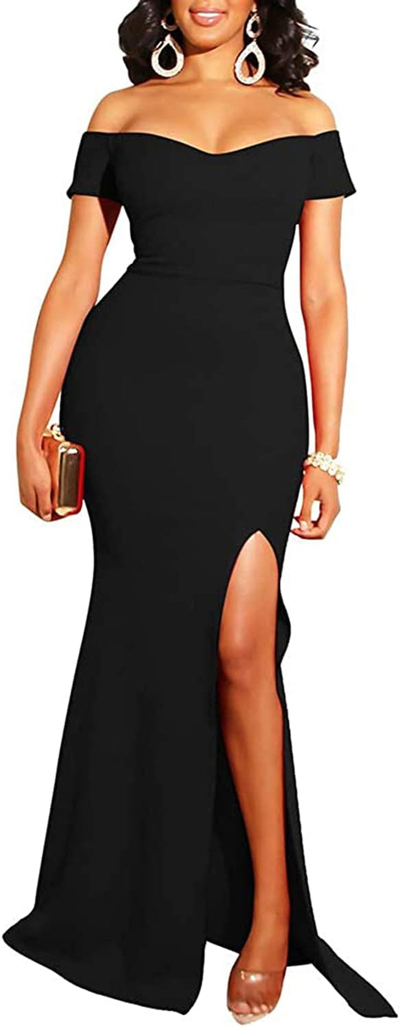 Womens Off-Shoulder Long Maxi Formal Party Dress Strapless Casual Side Split Teen Dresses Black