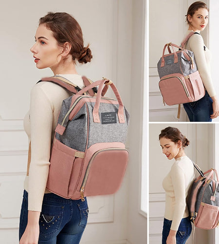 Diaper Bag Backpack with Changing Station,7 in 1 Travel Foldable Baby Diaper Bag,Mommy Bag Diaper Bag Changing Station Multi-Function Waterproof with Mattress and USB Charging Port (Pink-Grey)