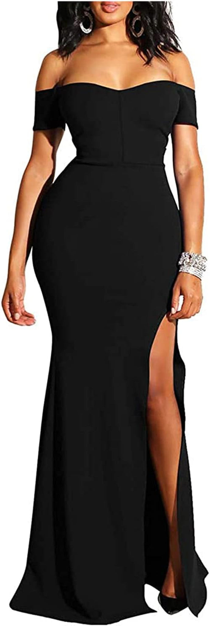 Womens Off-Shoulder Long Maxi Formal Party Dress Strapless Casual Side Split Teen Dresses Black