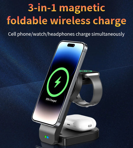 Magnetic Foldable 3 in 1 Wireless Charging Station for Apple Magsafe Charger ,15W Fast Wireless Charger Stand for Iphone 14 13 12 Series Apple Watch Airpods Multiple Devices, Adjustable Angle