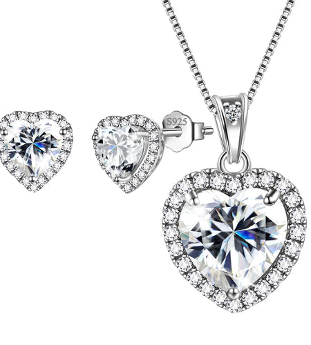 White Heart Jewelry Sets Women Diamond April Birthstone Jewelry Set Necklace Earrings 925 Sterling Silver Fine Jewelry Birthday Mother'S Day Gift