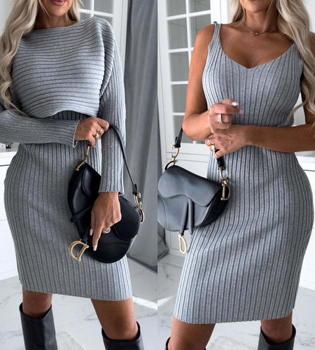 2Pcs Suit Women'S Solid Stripe Long-Sleeved Top and Tight Suspender Skirt Fashion Autumn Winter Slim Clothing