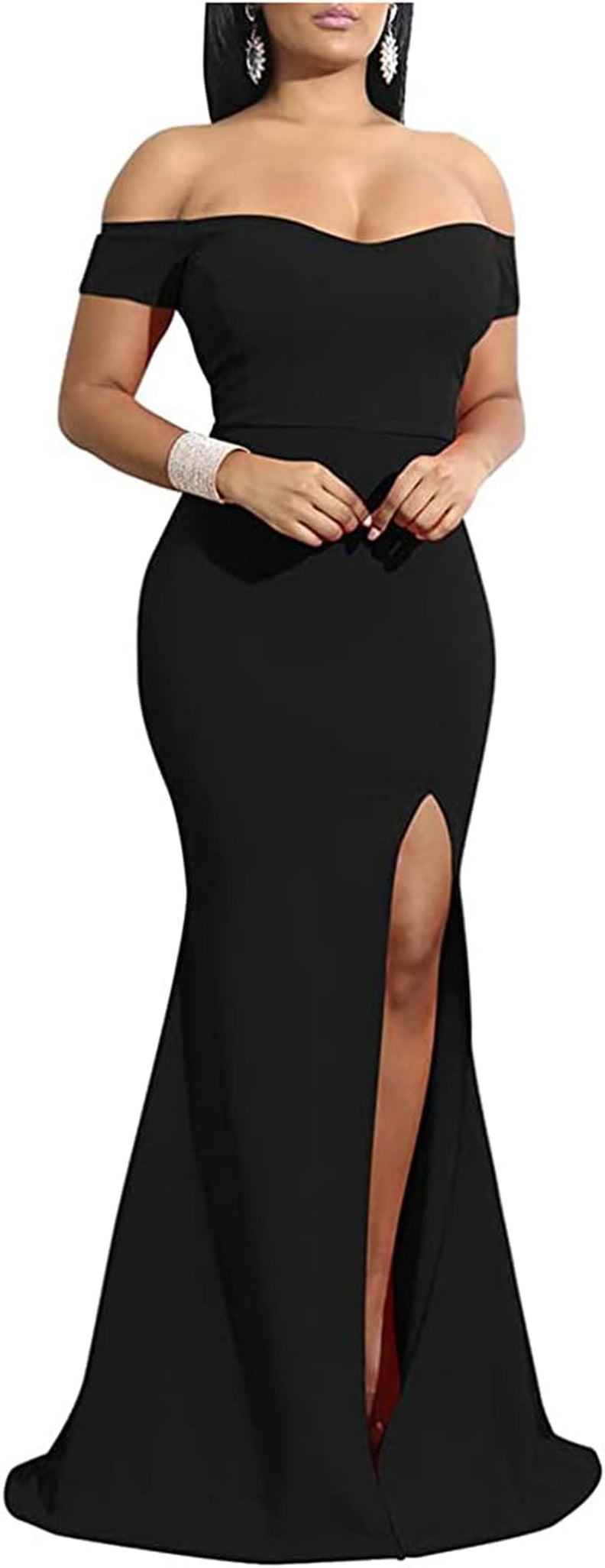 Womens Off-Shoulder Long Maxi Formal Party Dress Strapless Casual Side Split Teen Dresses Black