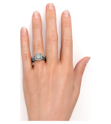 Square Diamond - Double Halo - Twisted Band - Vintage Inspired - Pave - Gothic Wedding Ring Set in 10K Black Gold