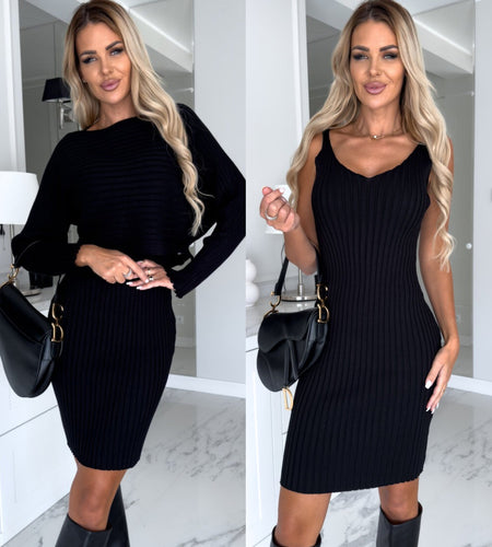 2Pcs Suit Women'S Solid Stripe Long-Sleeved Top and Tight Suspender Skirt Fashion Autumn Winter Slim Clothing