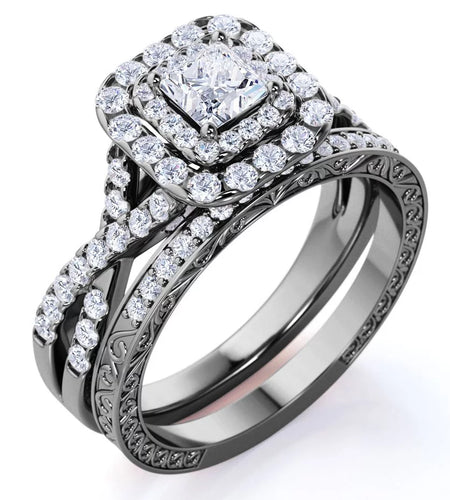 Square Diamond - Double Halo - Twisted Band - Vintage Inspired - Pave - Gothic Wedding Ring Set in 10K Black Gold