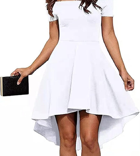 Womens off the Shoulder High Low Hem Cocktail Skater Wedding Party Teen Formal Dresses (FBA) (White, XL)