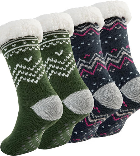 Sock Slippers for Women - 2 Pack Non Slip Socks - Fuzzy Socks Warm Socks with Grippers Sherpa Fleece Lined Thermal
