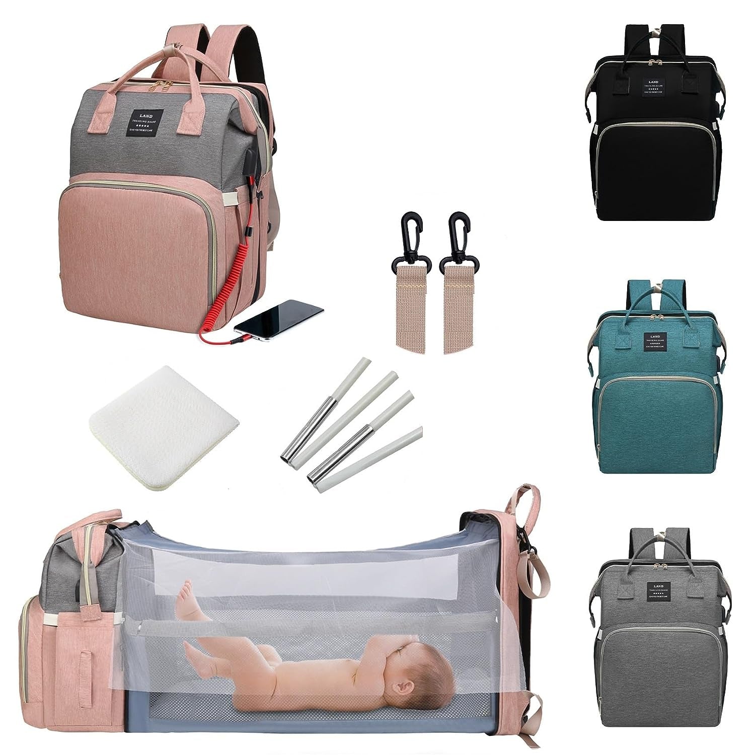 Diaper Bag Backpack with Changing Station,7 in 1 Travel Foldable Baby Diaper Bag,Mommy Bag Diaper Bag Changing Station Multi-Function Waterproof with Mattress and USB Charging Port (Pink-Grey)