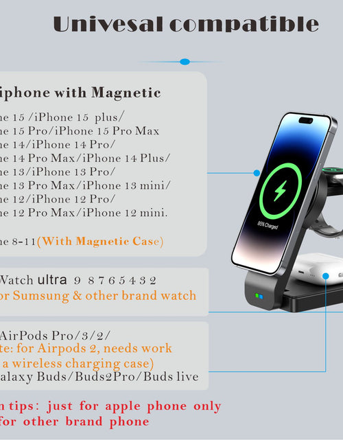 Load image into Gallery viewer, Magnetic Foldable 3 in 1 Wireless Charging Station for Apple Magsafe Charger ,15W Fast Wireless Charger Stand for Iphone 14 13 12 Series Apple Watch Airpods Multiple Devices, Adjustable Angle
